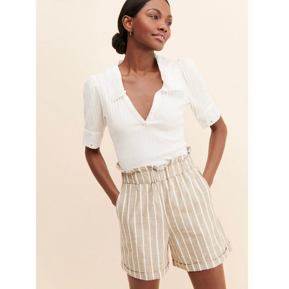 ICHI Sz M Striped Paperbag Shorts Beige White Linen Look Coastal Anthropologie - Picture 4 of 10